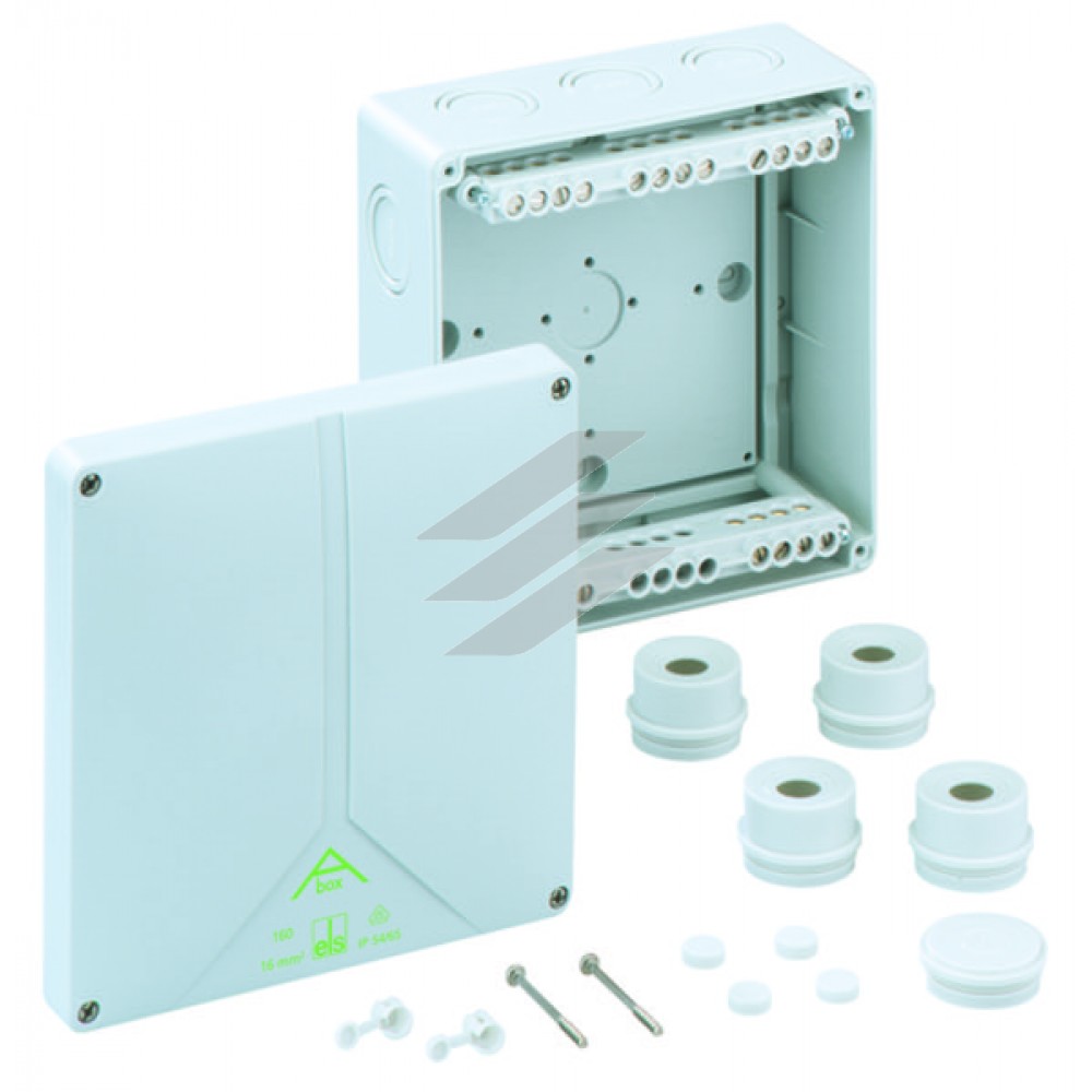 Розподільча коробка Abox 160-16² (180x180x91), клема 5 пол.х16мм² (4х6²/4х10²/4х16² на кожний пол.), полістирол, введеня-12 місць (2-М20, 3-М25/М32, 5-М32/М40, 2-М25/М32 на днищі), IP65 Spelsberg